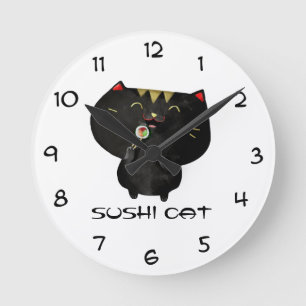 Niedliche Kawaii schwarze Sushi-Katze Runde Wanduhr