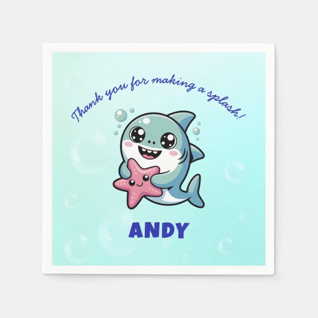 Niedliche Kawaii Shark Personalisiert Baby Dusche Serviette (Vorderseite)