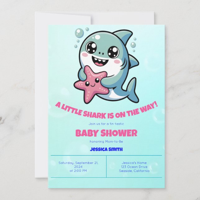 Niedliche Kawaii Shark & Starfish Babydusche Einladung (Vorderseite)