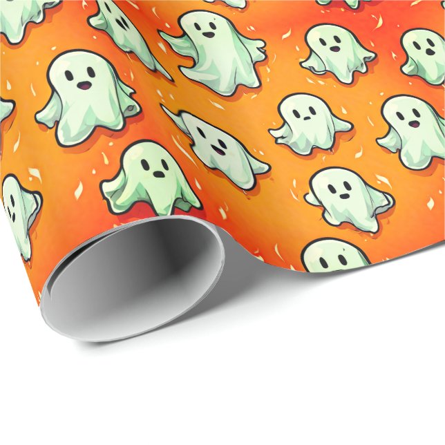 Niedliche Kawaii Style Ghosts auf Orange Geschenkpapier (Rolleneckpunkt)