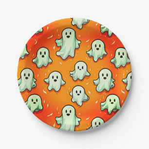 Niedliche Kawaii Style Ghosts auf Orange Pappteller