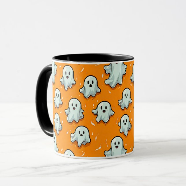 Niedliche Kawaii Style Ghosts auf Orange Tasse (Vorderseite Links)