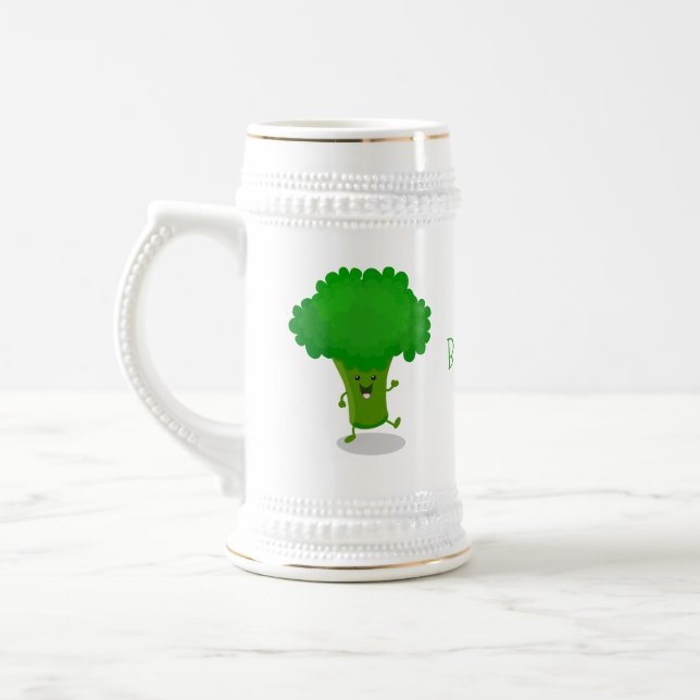 Niedliche Kawaii tanzende Broccoli Cartoon-Abbildu Bierglas (Links)