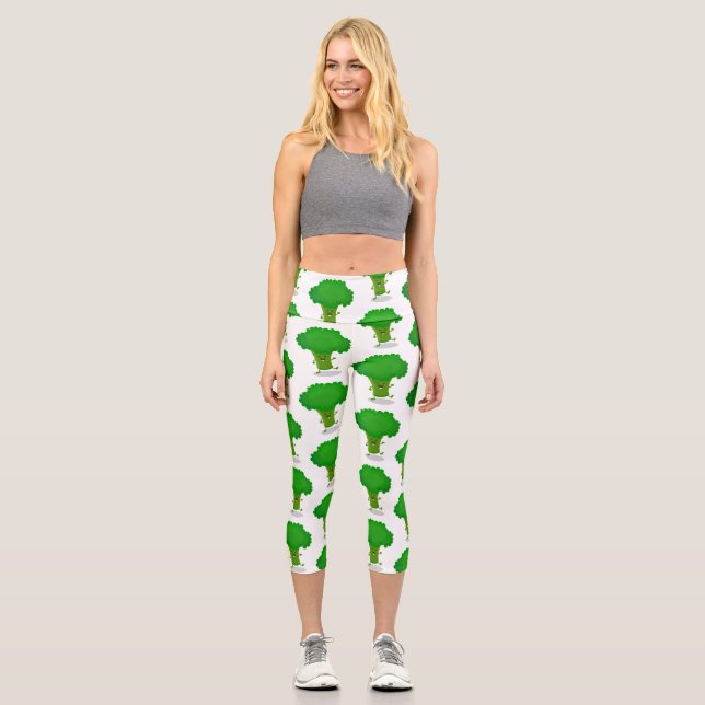 Niedliche Kawaii tanzende Broccoli Cartoon-Abbildu Capri Leggings (Vorderseite)