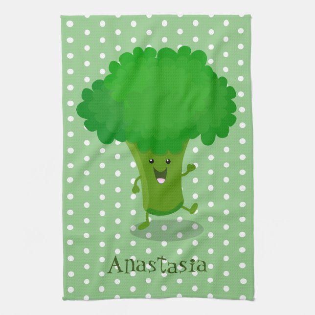 Niedliche Kawaii tanzende Broccoli Cartoon-Abbildu Geschirrtuch (Vertikal)