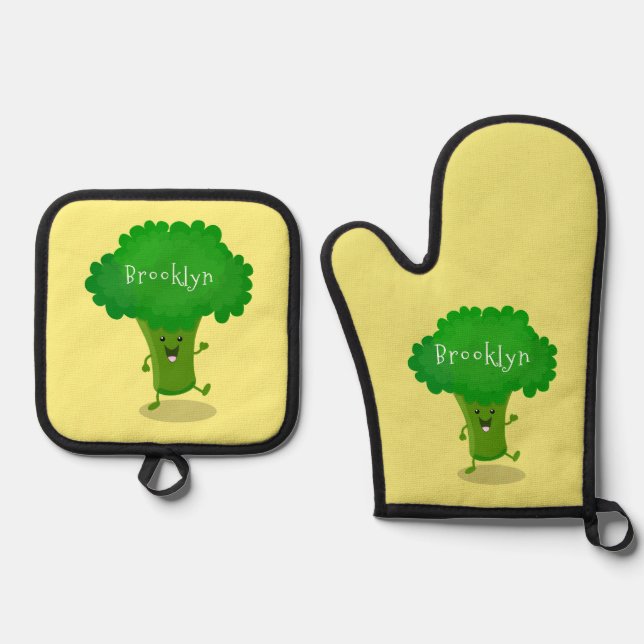 Niedliche Kawaii tanzende Broccoli Cartoon-Abbildu Ofenhandschuh & Topflappen-Set (Vorderseite)