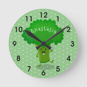 Niedliche Kawaii tanzende Broccoli Cartoon-Abbildu Runde Wanduhr