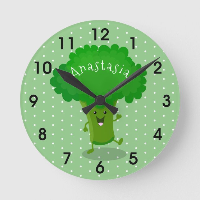 Niedliche Kawaii tanzende Broccoli Cartoon-Abbildu Runde Wanduhr (Vorderseite)