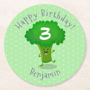 Niedliche Kawaii tanzende Broccoli Cartoon-Abbildu Runder Pappuntersetzer