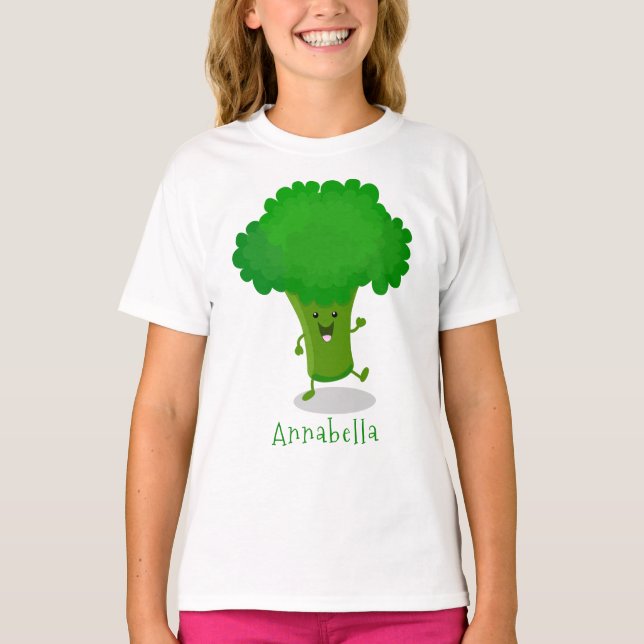 Niedliche Kawaii tanzende Broccoli Cartoon-Abbildu T-Shirt (Vorderseite)