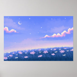 Niedliche kawaii Tapete mit Nachtgarten Poster