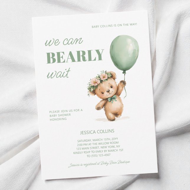 Niedliche Keuschchen Grün können wir frühzeitig ab Einladung (Cute Cub Sage Green We Can Bearly Wait Baby Shower Invitation)