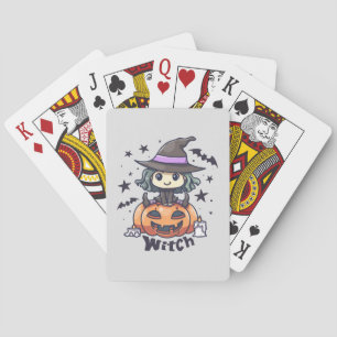 Niedliche Kid Hexe sitzend auf einem Kürbis - "Hex Spielkarten