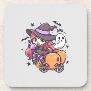 Niedliche Kid Hexe sitzend auf einem Kürbisauto Getränkeuntersetzer