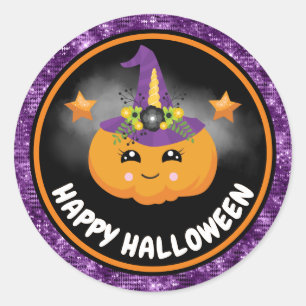 Niedliche Kids Pumpkin & Lila Glitzer Happy Hallow Runder Aufkleber