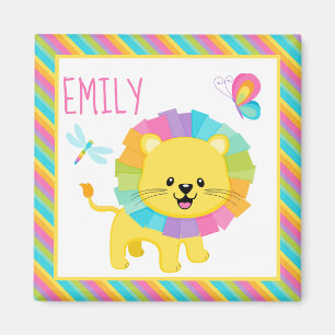 Niedliche Kids Rainbow Lion on Colorful Stripes Pa Magnet