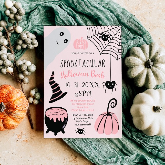 Niedliche Kids rosa Halloween Illustrations Party Einladung (Cute kids pink Halloween illustrations party Invitation)