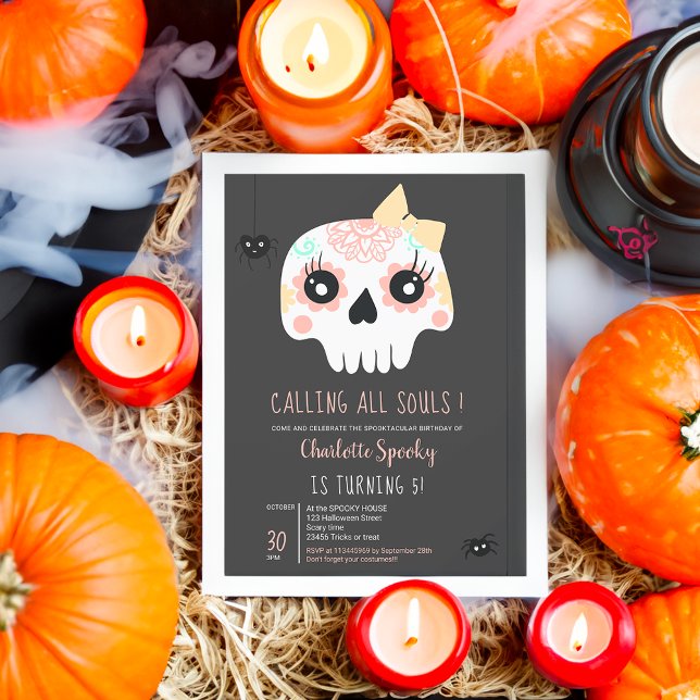Niedliche Kids Skull Pink bow Halloween 5. Geburts Einladung (Cute kids Skull pink bow Halloween 5th birthday Invitation)