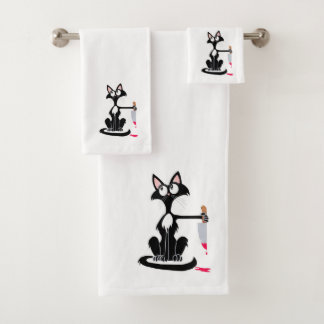 Niedliche Killerkatze mit einem blutigen Messer Badhandtuch Set