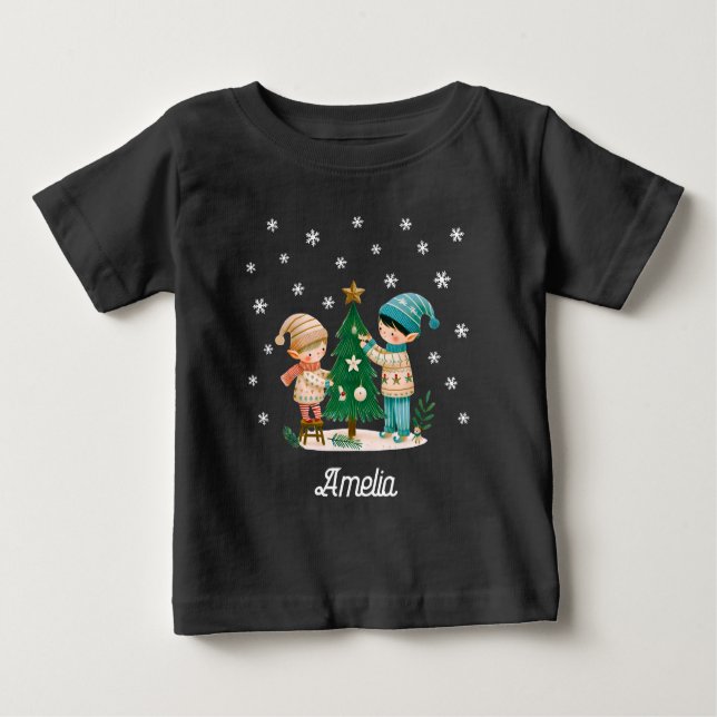 Niedliche Kinder, die den Weihnachtsbaum Gezeichne Baby T-shirt (Vorderseite)