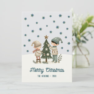 Niedliche Kinder, die Weihnachtsbaum Zeichnend dek Feiertagskarte