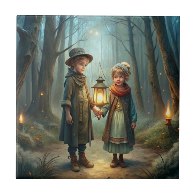 Niedliche Kinder im Winter Fliese (Vorderseite)