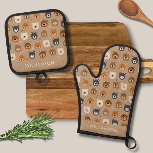 Niedliche Kinder Ofenhandschuh & Topflappen-Set (Brown bear kids oven glove mitt set beige with personalized name)