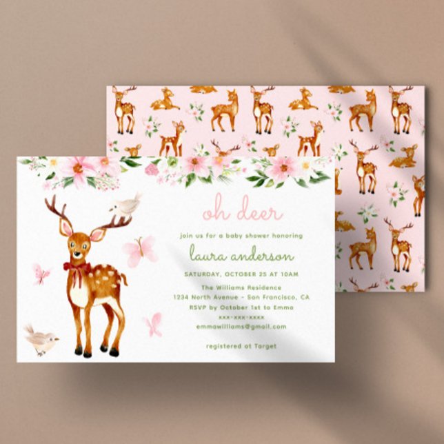 Niedliche Kinderdusche für Hirsche und Hirsche Einladung (Deer baby shower invitation with pink and green watercolor painting)