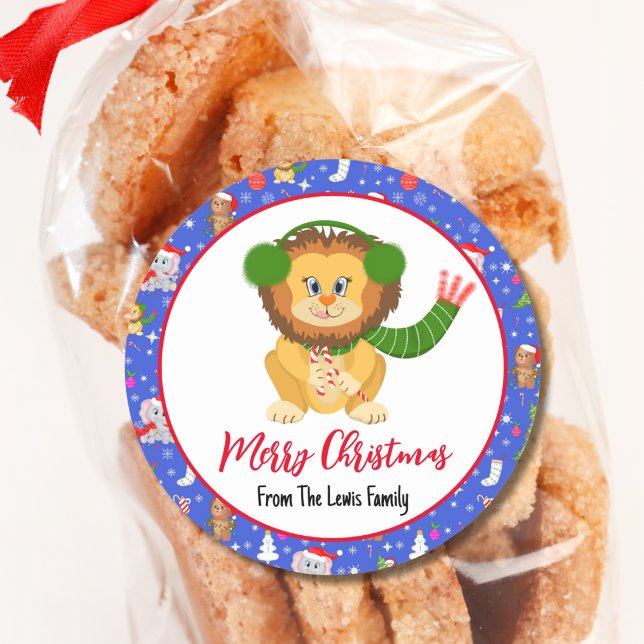 Niedliche Kinderlion mit Zoo Frohe Weihnachten Runder Aufkleber (Von Creator hochgeladen)