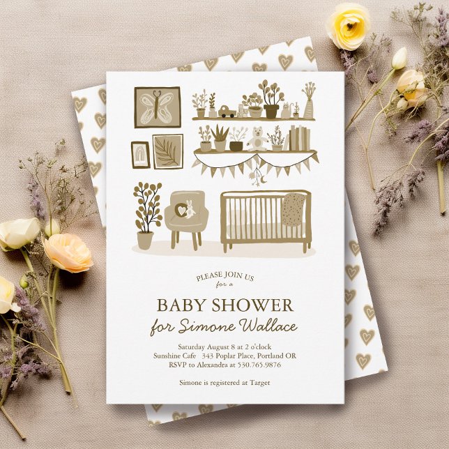 Niedliche Kinderzimmer Illustration CUSTOM BABY SH Einladung (Cute Nursery Illustration CUSTOM BABY SHOWER Invitation
neutral colors baby crib )