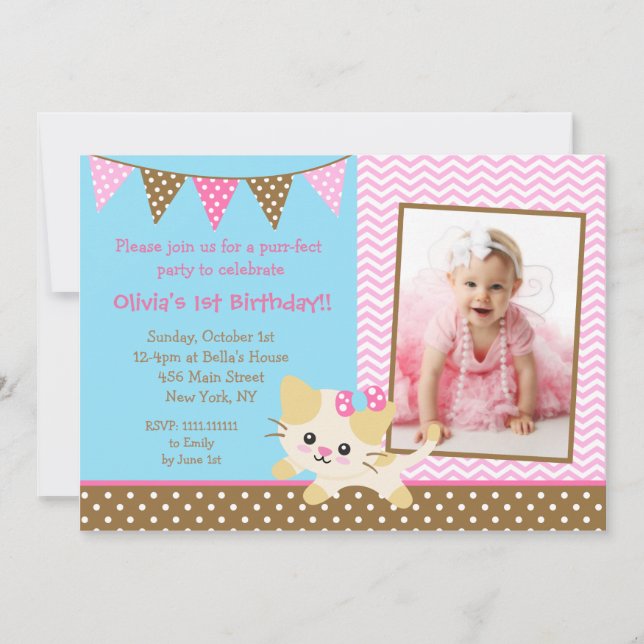 Niedliche Kitte Katze 1. Geburtstag Einladungen (Vorderseite)