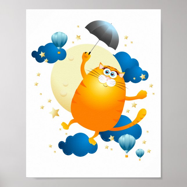 Niedliche Kitten Flying mit Regenschirm Poster (Vorne)