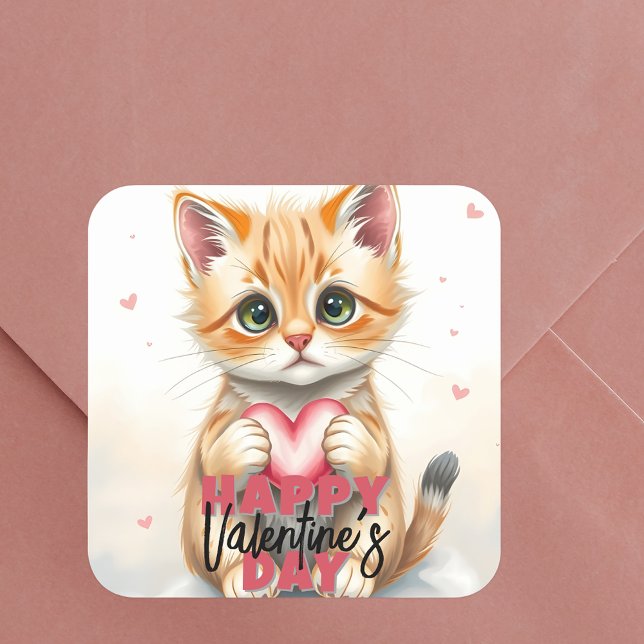 Niedliche Kitten Holding Pink Herz Valentinstag Quadratischer Aufkleber (Von Creator hochgeladen)