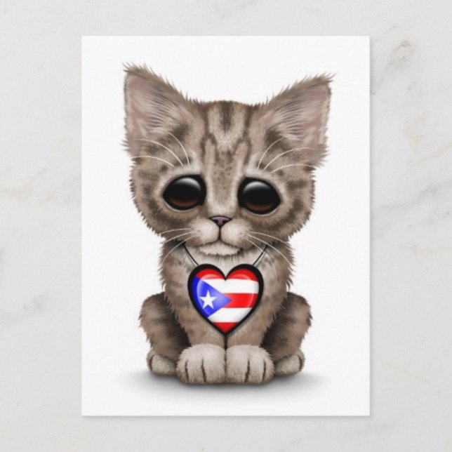 Niedliche Kitten Katze mit Puerto Rico Flag Herz,  Postkarte (Vorderseite)