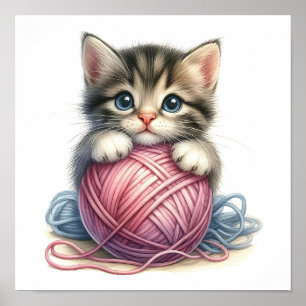 Niedliche Kitten mit Ball of Yarn Whimsical Cat Poster