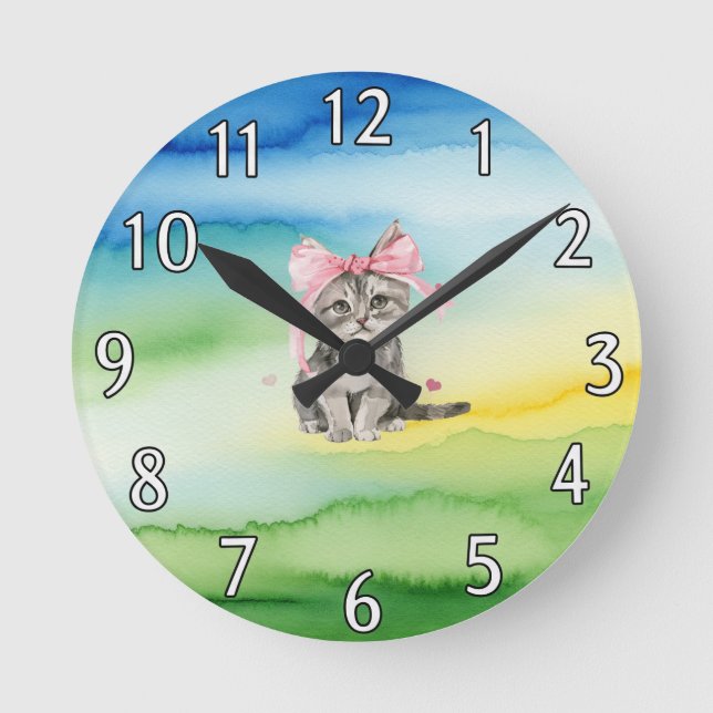 Niedliche Kitten Wall Clock mit rosa Bow Runde Wanduhr (Vorderseite)