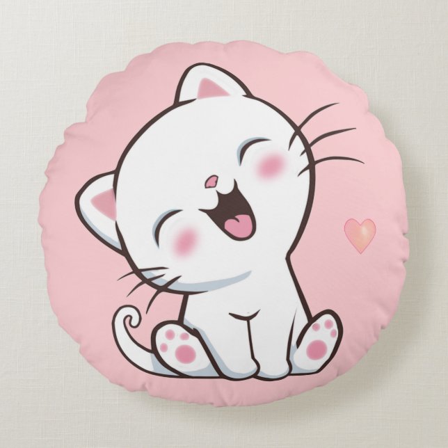 Niedliche Kitty Cat auf Light Pink Rundes Kissen (Vorderseite)