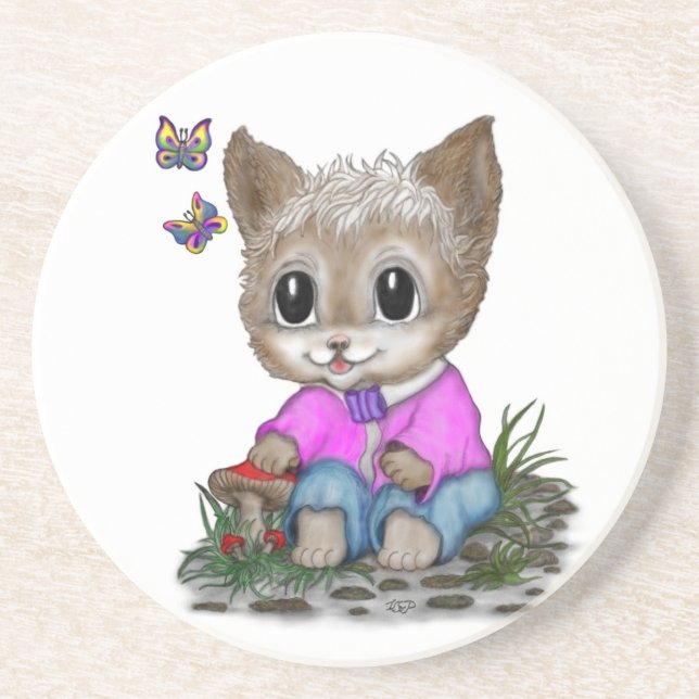 Niedliche Kitty Cat und Butterfly Getränkeuntersetzer (Vorne)