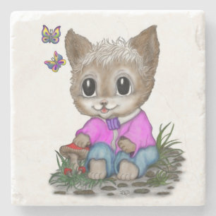 Niedliche Kitty Cat und Butterfly Steinuntersetzer
