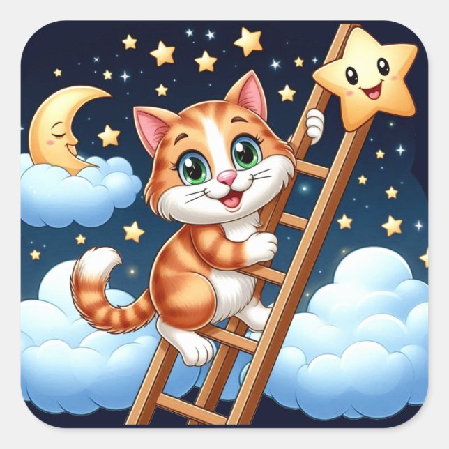 Niedliche Kitty Climbs Ladder zum Mond Quadratischer Aufkleber (Vorderseite)