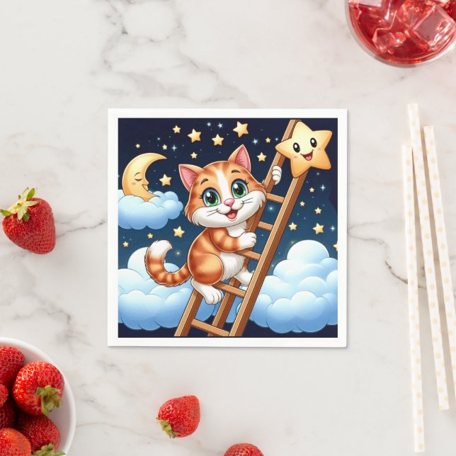 Niedliche Kitty Climbs Ladder zum Mond Serviette (Beispiel)
