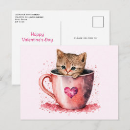 Niedliche Kitty im Teacup zum Valentinstag im Herz Feiertagspostkarte