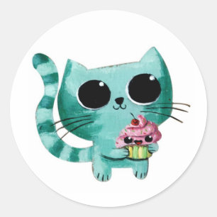 Niedliche Kitty-Katze mit Kawaii kleinem Kuchen Runder Aufkleber