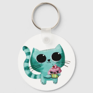 Niedliche Kitty-Katze mit Kawaii kleinem Kuchen Schlüsselanhänger