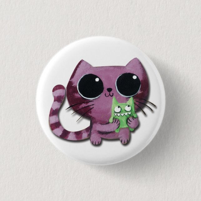 Niedliche Kitty-Katze mit kleinem grünem Monster Button (Vorderseite)