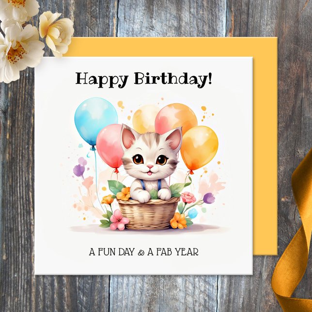 Niedliche Kitty mit Balloons Happy Birthday Karte (Birthday card featuring a cut kitten in a basket with colorful balloons. Nice for a cat loving girl)
