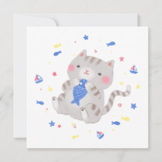 Niedliche Kitty mit Fisch im Sommer Illustration Einladung