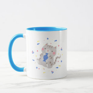 Niedliche Kitty mit Fisch im Sommer Illustration Tasse