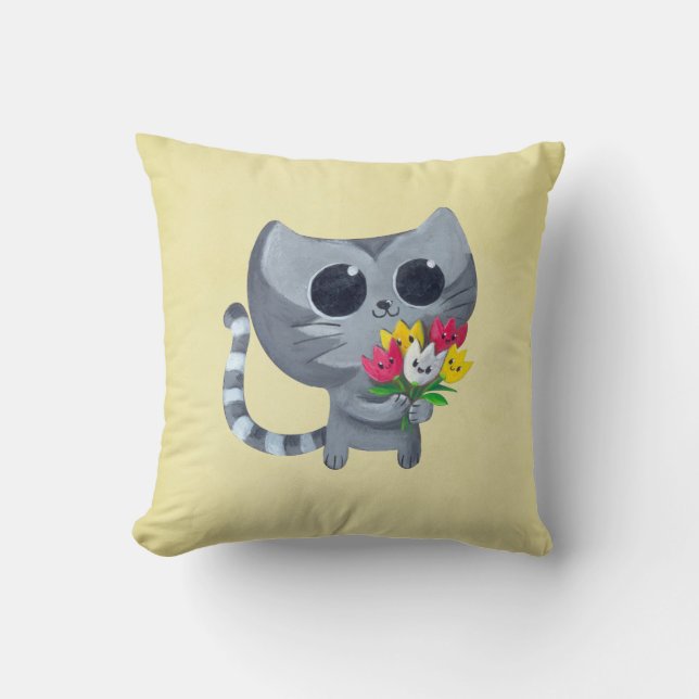 Niedliche Kittykatze und -Blumen Kissen (Vorderseite)