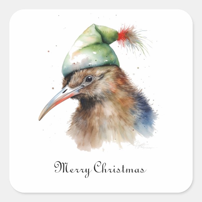 Niedliche Kiwi Bird in Christmas Elf Hat, Brauch Quadratischer Aufkleber (Vorderseite)